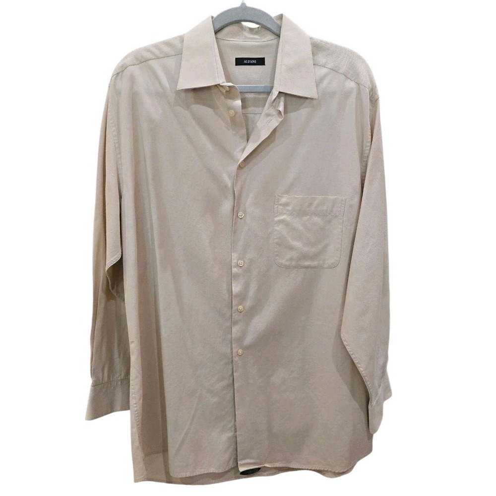 Alfani Long Sleeve 100% Cotton Beige Dress Shirt Men's Size L 16, 32/33 P2P 24